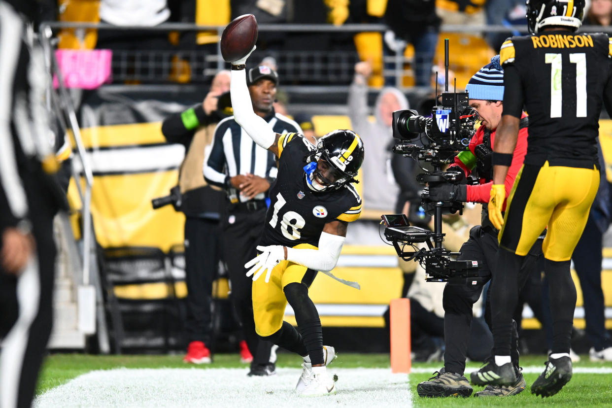Diontae Johnson celebrates a touchdown. (Joe Sargent/Getty Images)