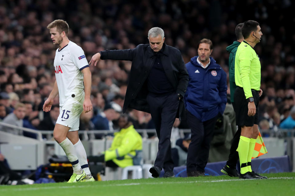 LONDON, ENGLAND - NOVEMBER 26: Jose Mourinho manager / head coach of Tottenham Hotspur reacts as he replaces Eric Dier during the UEFA Champions League group B match between Tottenham Hotspur and Olympiacos FC at Tottenham Hotspur Stadium on November 26, 2019 in London, United Kingdom. (Photo by Marc Atkins/Getty Images)