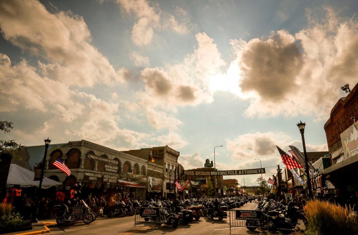 Motorcycles line Main Street in Sturgis, S.D., in August 2019, during the 79th edition of the Sturgis Motorcycle Rally.