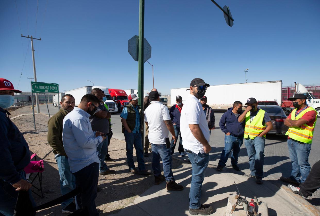 Truckers block the entry into the U.S. and the entry into Mexico at the Zaragoza International Bridge in Ciudad Juarez on Tuesday to protest the extended hours since Friday after Gov. Greg Abbott implemented a total revision of trucks coming in from Mexico.