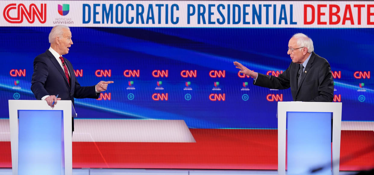 Democratic U.S. presidential candidates former Vice President Joe Biden and Senator Bernie Sanders debate during the 11th Democratic candidates debate of the 2020 U.S. presidential campaign, held in CNN's Washington studios without an audience because of the global coronavirus pandemic, in Washington, U.S., March 15, 2020. (Kevin Lamarque/Reuters)