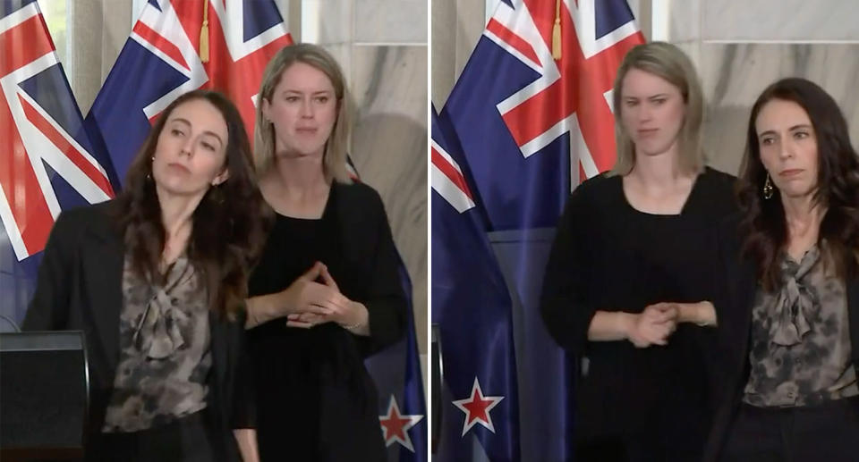 Jacinda Ardern accidentally stepped in front of her sign language interpreter during a press conference. Source: Facebook/Jacinda Ardern