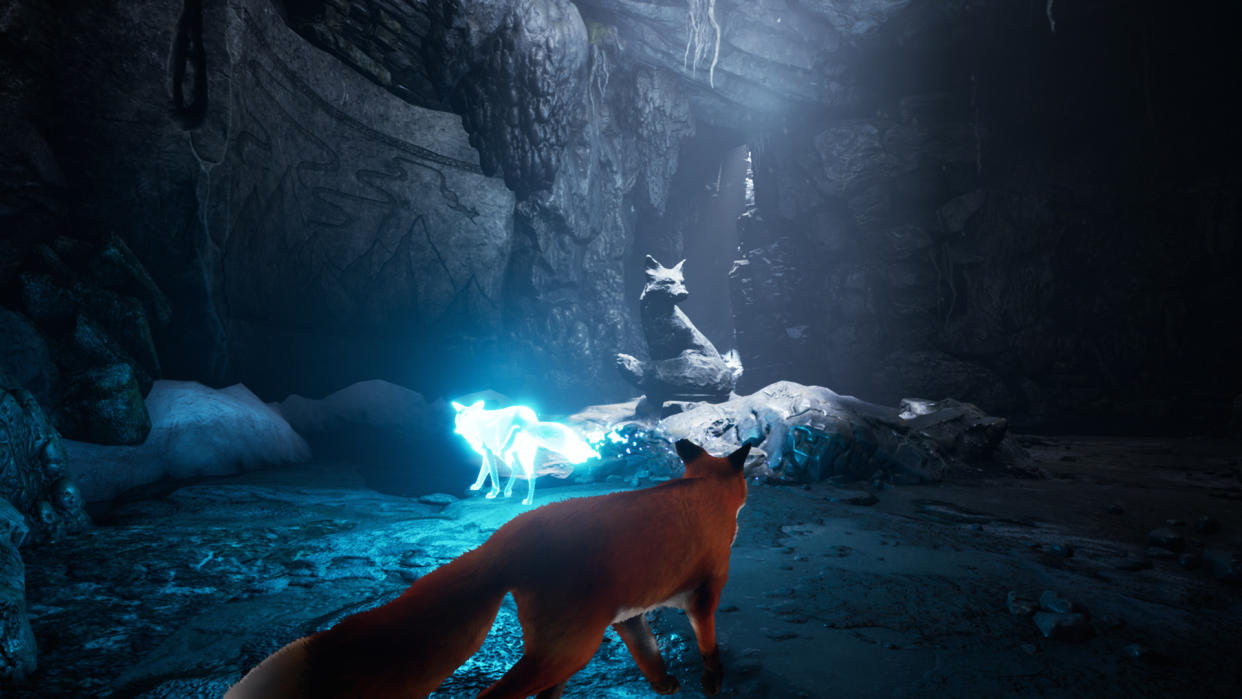  Free Epic Store games — the two vulpine protagonists of Spirit of the North investigate a carved stone statue of a fox. Big fox situation. Foxes all over the shop. 