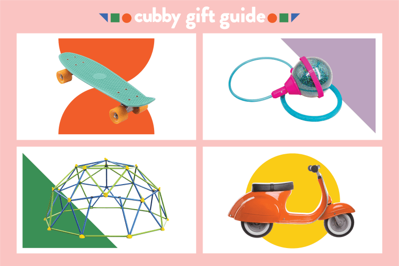 A graphic showcasing four gifts for active kids: a mini skateboard, an ankle skip ball, a jungle gym, and a scooter ride-on toy