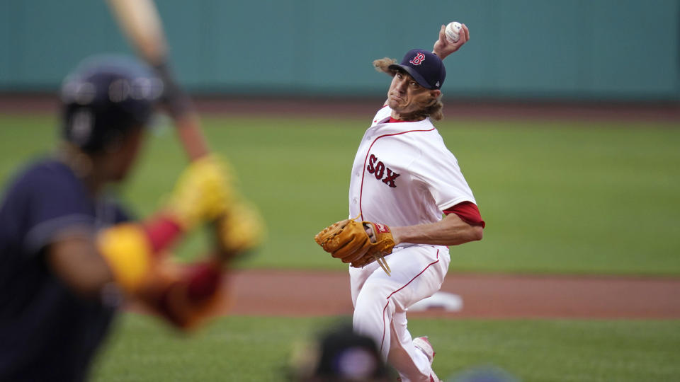 Boston Red Sox starting pitcher Garrett Richards delivers during the first inning of the team's baseball game against the Atlanta Braves at Fenway Park, Tuesday, May 25, 2021, in Boston. (AP Photo/Charles Krupa)