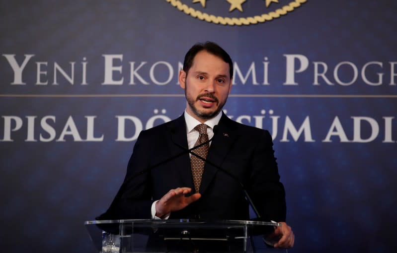 FILE PHOTO: Turkish Treasury and Finance Minister Berat Albayrak attends a news conference in Istanbul