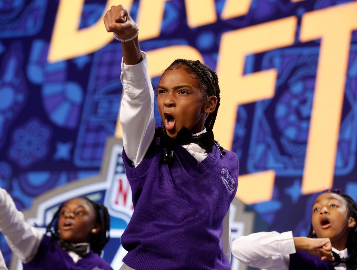 The Detroit Youth Choir performs for at the NFL draft theater before the start of the second round of 2024 NFL draft in Detroit on Friday, April 26, 2024.