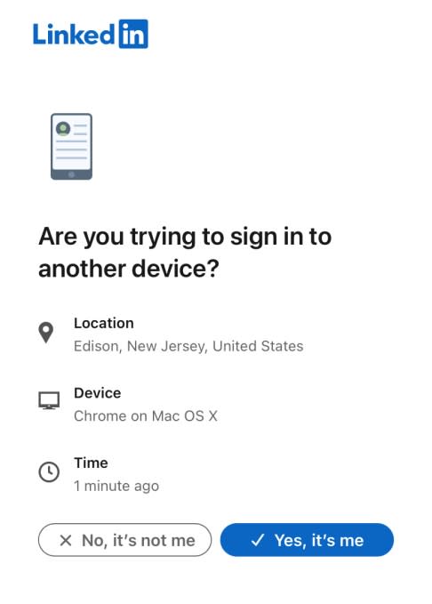 A LinkedIn message detailing a sign-in request from another device.