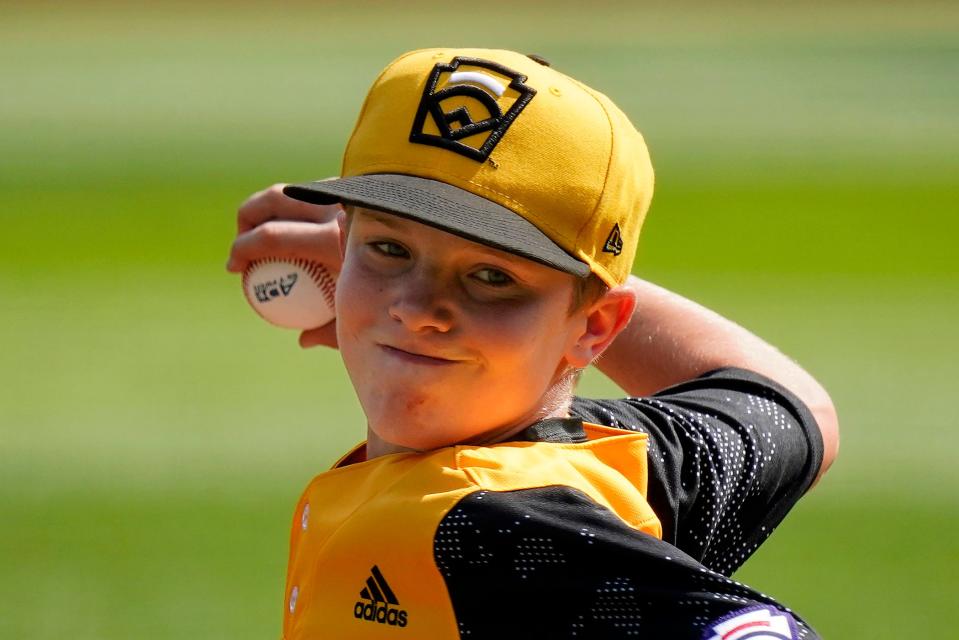 Nolensville, Tenn.'s Drew Chadwick delivers during the first inning of a baseball game against Santa Clara, Utah, at the Little League World Series in South Williamsport, Pa., Friday, Aug. 19, 2022. (AP Photo/Gene J. Puskar)