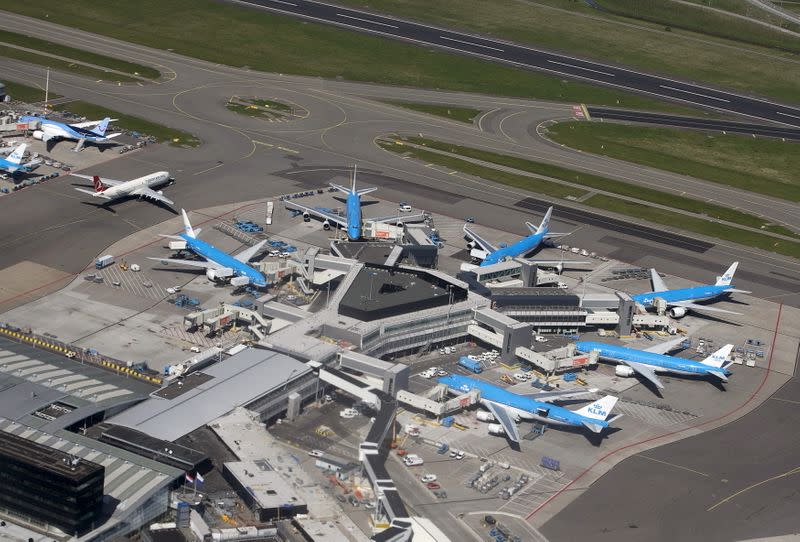 KLM aircraft are seen on the tarmac at Schipol airport near Amsterdam