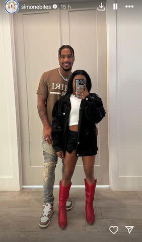<p>Simone Biles/Instagram</p> Simone Biles and Jonathan Owens show off their outfits ahead of a Houston Rockets game in April 2024.