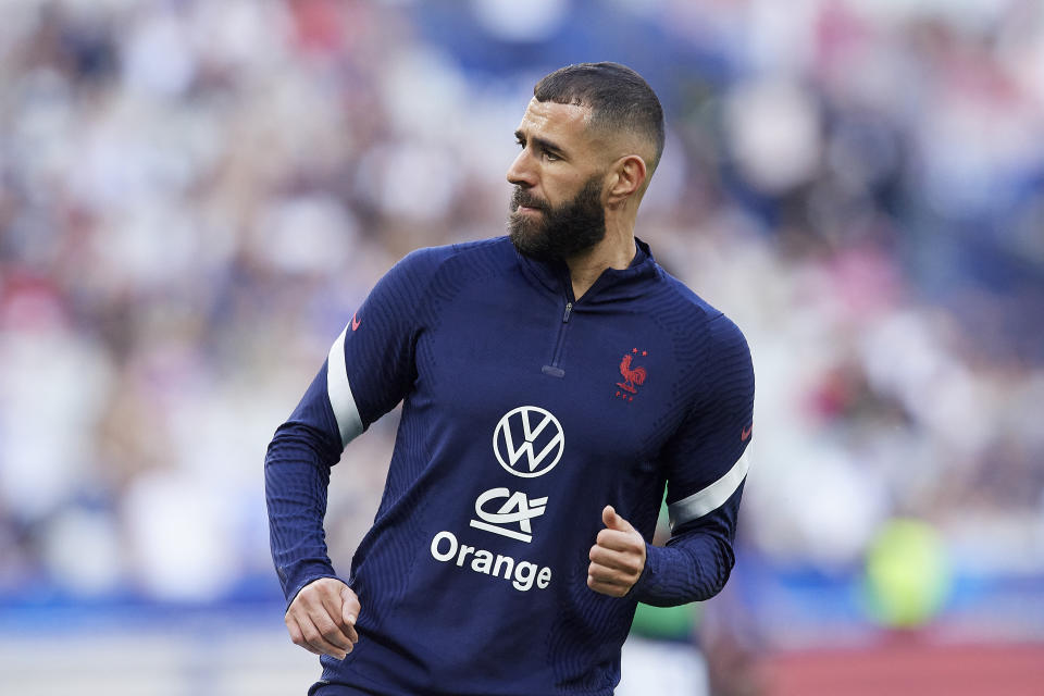 Karim Benzema (Real Madrid) of France during the warm-up before the UEFA Nations League League A Group 1 match between France and Croatia at Stade de France on June 13, 2022 in Paris, France. (Photo by Jose Breton/Pics Action/NurPhoto via Getty Images)