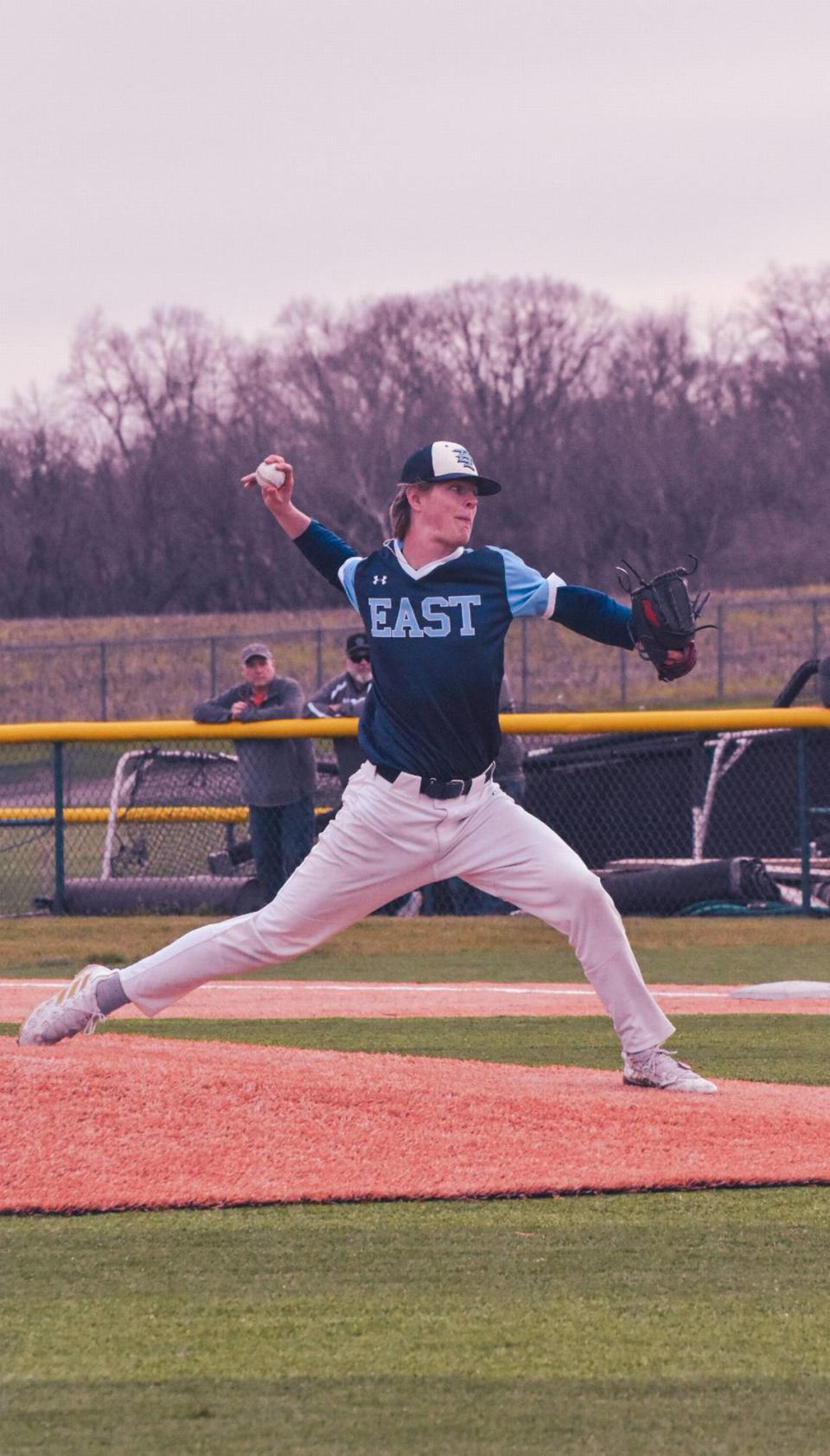 Belleville East’s Dylan Mannino delivers a pitch during a game earlier this season. Mannino is one of the key hurlers on a talented Lancers pitching staff.