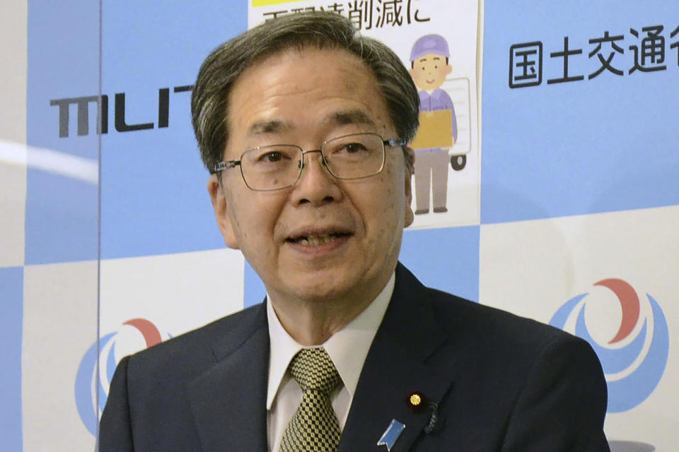 Japan's Land, Infrastructure and Transportation Minister Tetsuo Saito speaks during a press conference in Tokyo Friday, April 14, 2023. Japan’s government on Friday approved a controversial plan to open its first casino in Osaka as the country of shrinking population seeks to lure foreign tourists. (Kyodo News via AP)