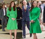 <p>Kate has worn this kelly green Catherine Walker coat, once in April 2014 and again in May 2016. </p>