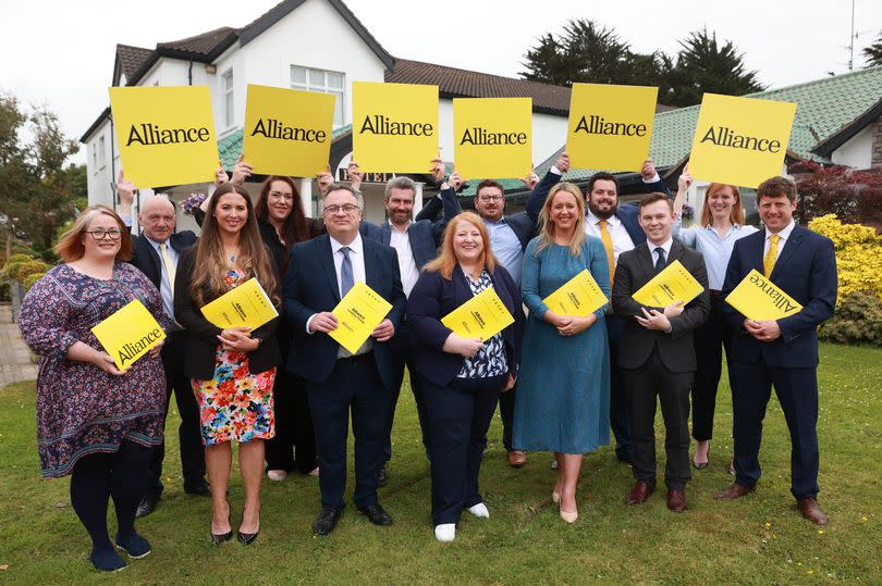 Alliance leader Naomi Long (centre) with the party's Westminster candidates during the party's General Election manifesto launch at the Ivanhoe Hotel in Belfast.