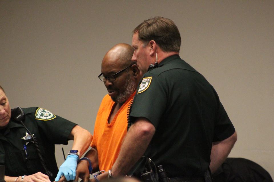 Noble Gene Geathers was fingerprinted on Friday after he was sentenced to 18 years in prison on animal cruelty and dogfighting charges.