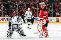 NEWARK, NJ - JUNE 09: Jonathan Quick #32 of the Los Angeles Kings and Martin Brodeur #30 of the New Jersey Devils look on during a stoppage in play during Game Five of the 2012 NHL Stanley Cup Final at the Prudential Center on June 9, 2012 in Newark, New Jersey. (Photo by Bruce Bennett/Getty Images)