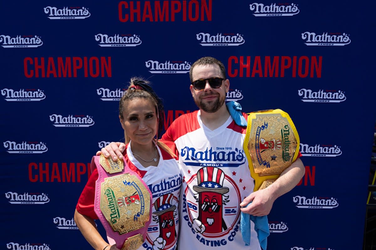 Nathan’s annual hot dog eating contest was won by Miki Sudo and Pat Bertoletti.  (Getty Images)