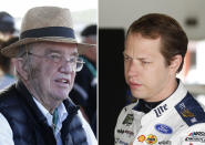 FILE - At left, in a March 8, 2020, file photo, car owner Jack Roush is shown in the garage area prior to a NASCAR Cup Series auto race at Phoenix Raceway in Avondale, Ariz. At right, in a June 7, 2019, file photo, Brad Keselowski prepares to practice for a NASCAR cup series race at Michigan International Speedway in Brooklyn, Mich. Ford and Chevrolet are among the American automakers who have stepped in to build personal protective equipment for health care workers battling the new coronavirus. Now NASCAR, driver Brad Keselowski and Roush Fenway Racing have joined the effort, using their idled equipment and technology to produce face shields and other needed PPE items.(AP Photo/File)