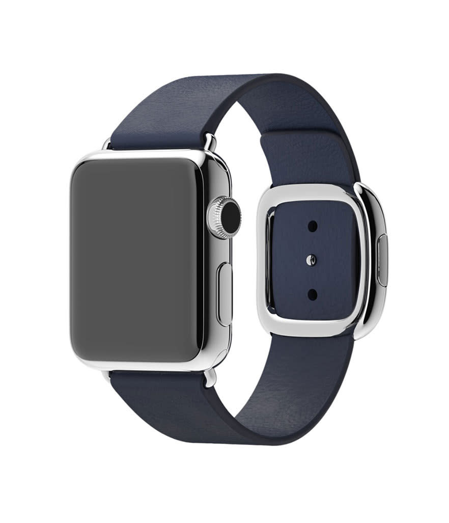 <p>Apple Watch 38MM Stainless Steel Case with Midnight Blue Modern Buckle, $749, <a href="http://www.apple.com/shop/buy-watch/apple-watch/38mm-stainless-steel-case-with-midnight-blue-modern-buckle?product=MJ332LL/A&step=detail#" rel="nofollow noopener" target="_blank" data-ylk="slk:apple.com" class="link ">apple.com</a><br><br></p>