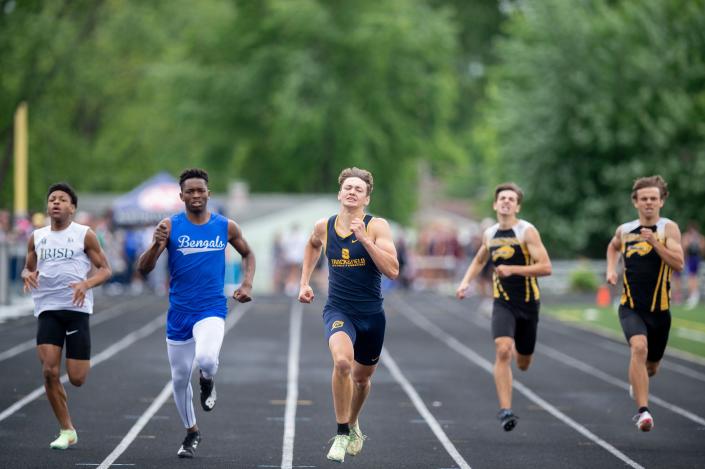 Region 5 Division II finals hosted by Austintown Finch in Austintown on Saturday, May 28. Streetsboro's Micah Schuster, center, finished in first place in the 400 Dash. L-R: Calil McCray, SVSM; Brandon Boyd, Benedictine; Schuster, Noah Saidel, Beachwood; David Steckner, Beachwood.