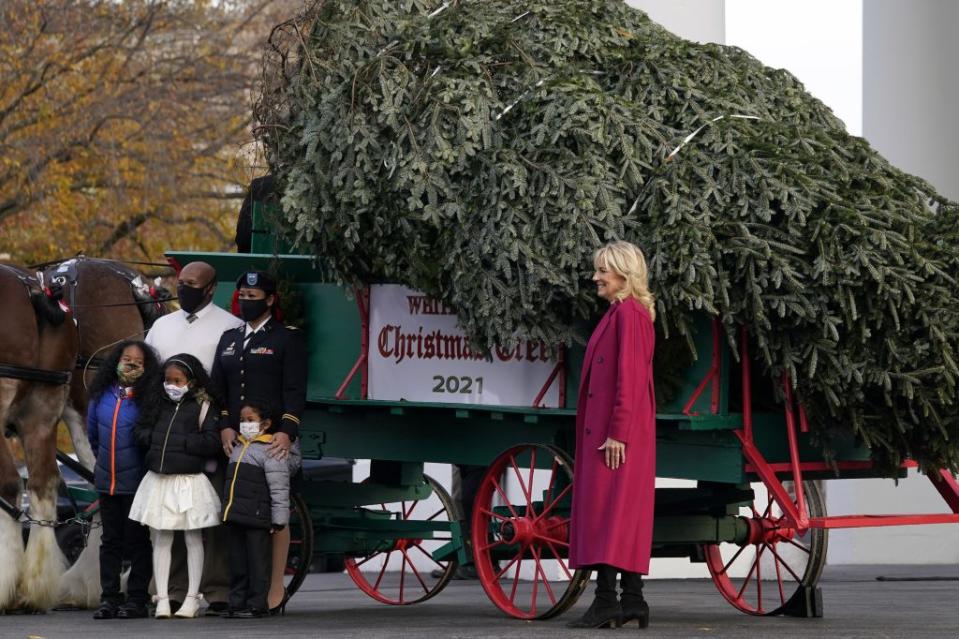 First lady Jill Biden talks to people as she looks over the official White House Christmas Tree in Washington, Monday, Nov. 22, 2021. - Credit: AP