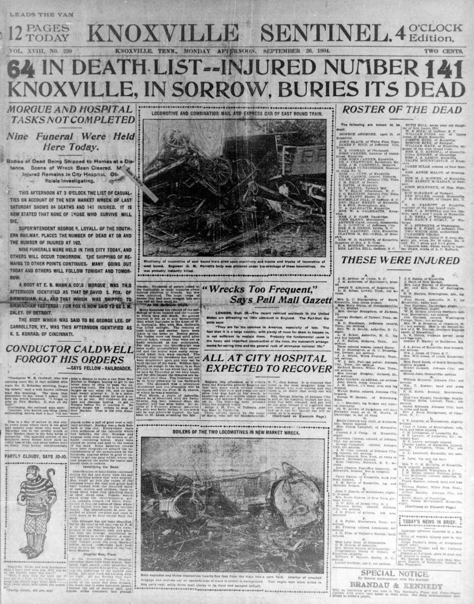 The Sept. 26, 1904 edition of the Knoxville Sentinel reports on the New Market train wreck that happened two days previously. There were already 26 patients in Knoxville General Hospital when 106 of the wreck victims were also admitted.