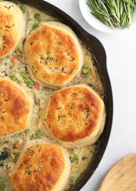 <p>Kathleen's Cravings</p><p>This leftover turkey skillet pot pie is made in one skillet for easy clean-up and uses store-bought biscuits for the topping. Don’t have leftover turkey? Leftover shredded chicken works too! </p><p><strong>Get the recipe: <a href="https://kathleenscravings.com/leftover-turkey-pot-pie/" rel="nofollow noopener" target="_blank" data-ylk="slk:Leftover Turkey Skillet Pot Pie;elm:context_link;itc:0;sec:content-canvas" class="link rapid-noclick-resp">Leftover Turkey Skillet Pot Pie</a></strong></p>