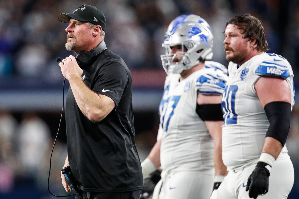 Lions head coach Dan Campbell reacts to a play against the Cowboys during the second half of the Lions' 20-19 loss at AT&T Stadium in Arlington, Texas on Saturday, Dec. 30, 2023.