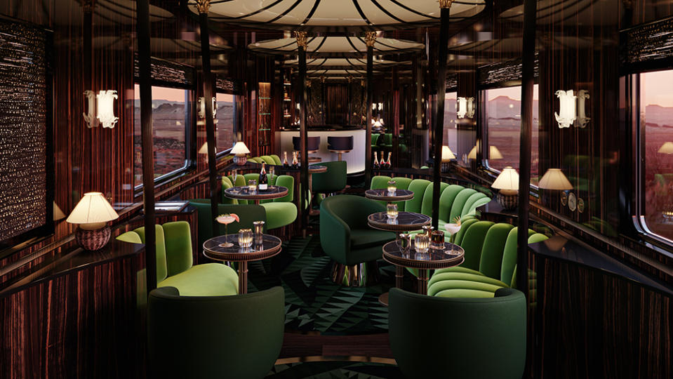 Inside the swanky Bar Car onboard the train.
