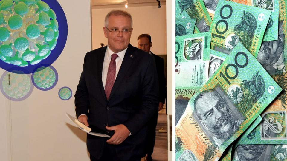 Pictured: Prime Minister Scott Morrison, Australian cash, coronavirus depiction suggesting Covid-19 stimulus package. 