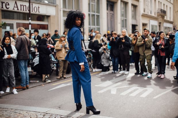 On the street at Paris Fashion Week Spring 2022. <p>Photo: Imaxtree</p>