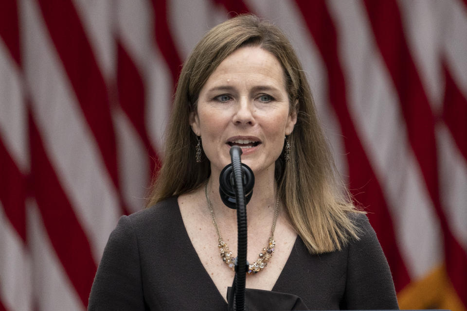 Judge Amy Coney Barrett speaks after President Donald Trump announced her as his nominee to the Supreme Court, in the Rose Garden at the White House, Saturday, Sept. 26, 2020, in Washington. (AP Photo/Alex Brandon)