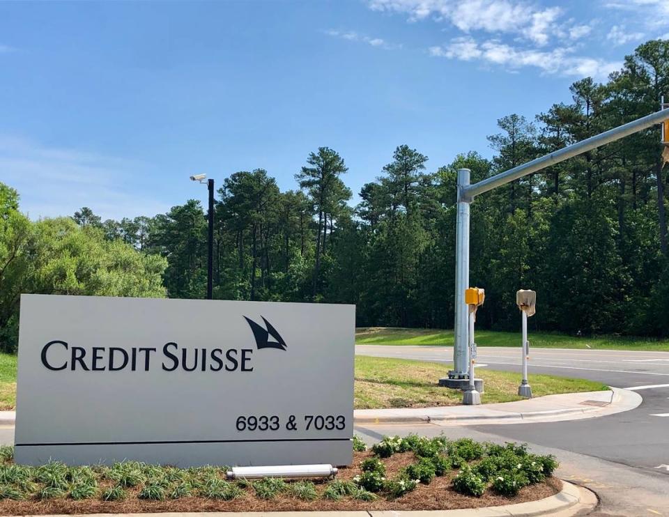 The entrance to the Credit Suisse campus in Research Triangle Park.