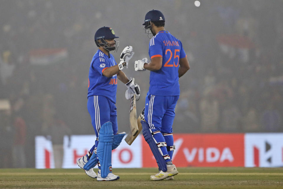 India's Shivam Dube, right and Rinku Singh during the first T20 cricket match between India and Afghanistan in Mohali, India, Thursday, Jan. 11, 2024. (AP Photo/Surjeet Yadav)