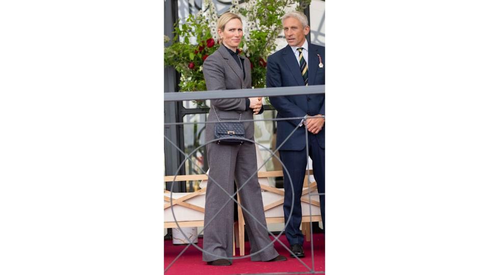  Zara Tindall wearing a grey suit at the Royal Windsor Horse Show 