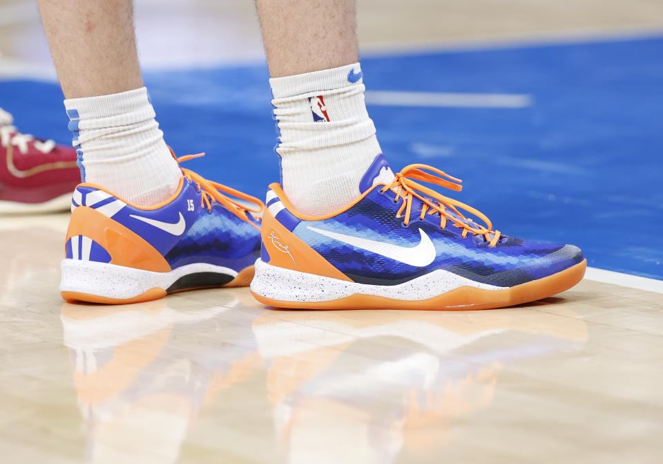 Nov 8, 2023; Oklahoma City, Oklahoma, USA; A close up view of Oklahoma City Thunder guard Josh Giddey (3) shoes during the second half against the Cleveland Cavaliers at Paycom Center. Oklahoma City won 128-120. Mandatory Credit: Alonzo Adams-USA TODAY Sports