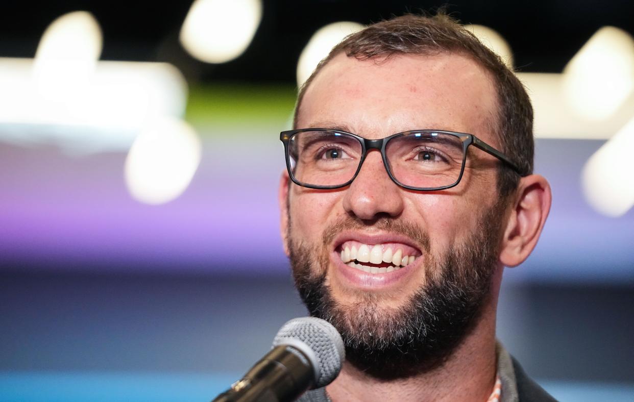 Former Colts quarterback Andrew Luck is interviewed Friday, April 12, 2024, during the Chuckstrong Tailgate Gala at the Colts Practice Facility in Indianapolis.