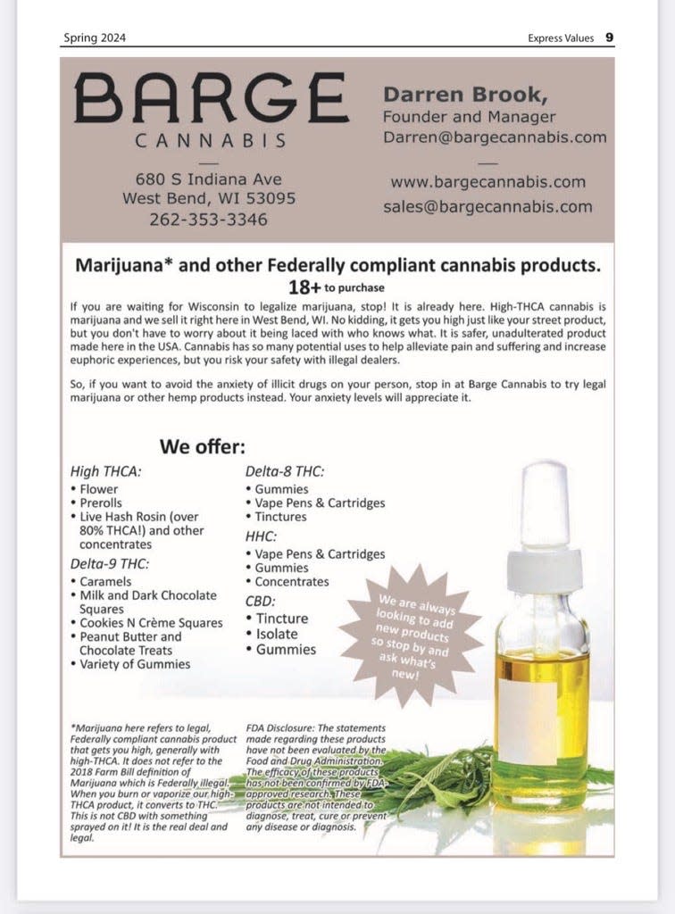 A spring 2024 flyer for Barge Cannabis in West Bend advertises "federally compliant cannabis products."