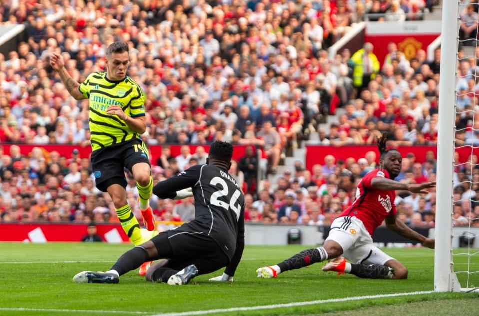 Arsenal’s Leandro Trossard slotted home the opener with a six-yard tap-in. (EPA)