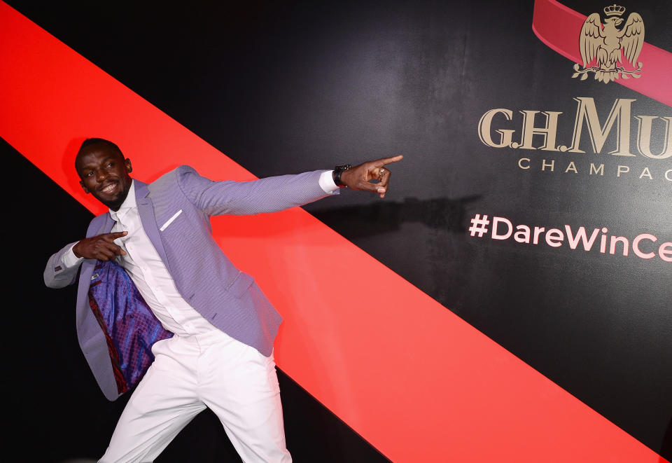 G.H. Mumm and Usain Bolt toast to the Kentucky Derby on May 6 in New York City. Bolt said that he and Mumm were a "great partnership" in an interview with HuffPost.&nbsp; (Photo: Andrew Toth via Getty Images)