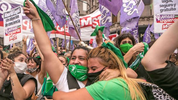 PHOTO: Pro-choice demonstrators celebrate after a bill to legalize abortion is advanced by the lower house representatives in Buenos Aires, Argentina, on Dec. 11, 2020. The bill will now pass to the Senate for its review. (Ricardo Ceppi/Getty Images, FILE)