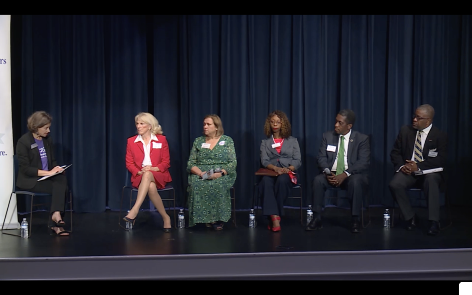 Republican candidates for state superintendent of education Lynda Leventis-Wells, Kathy Maness and Kizzi Gibson, and Democratic candidates state Rep. Jerry Govan and Gary Burgess participate in a candidate forum in Greenville on Monday, May 23, 2022.