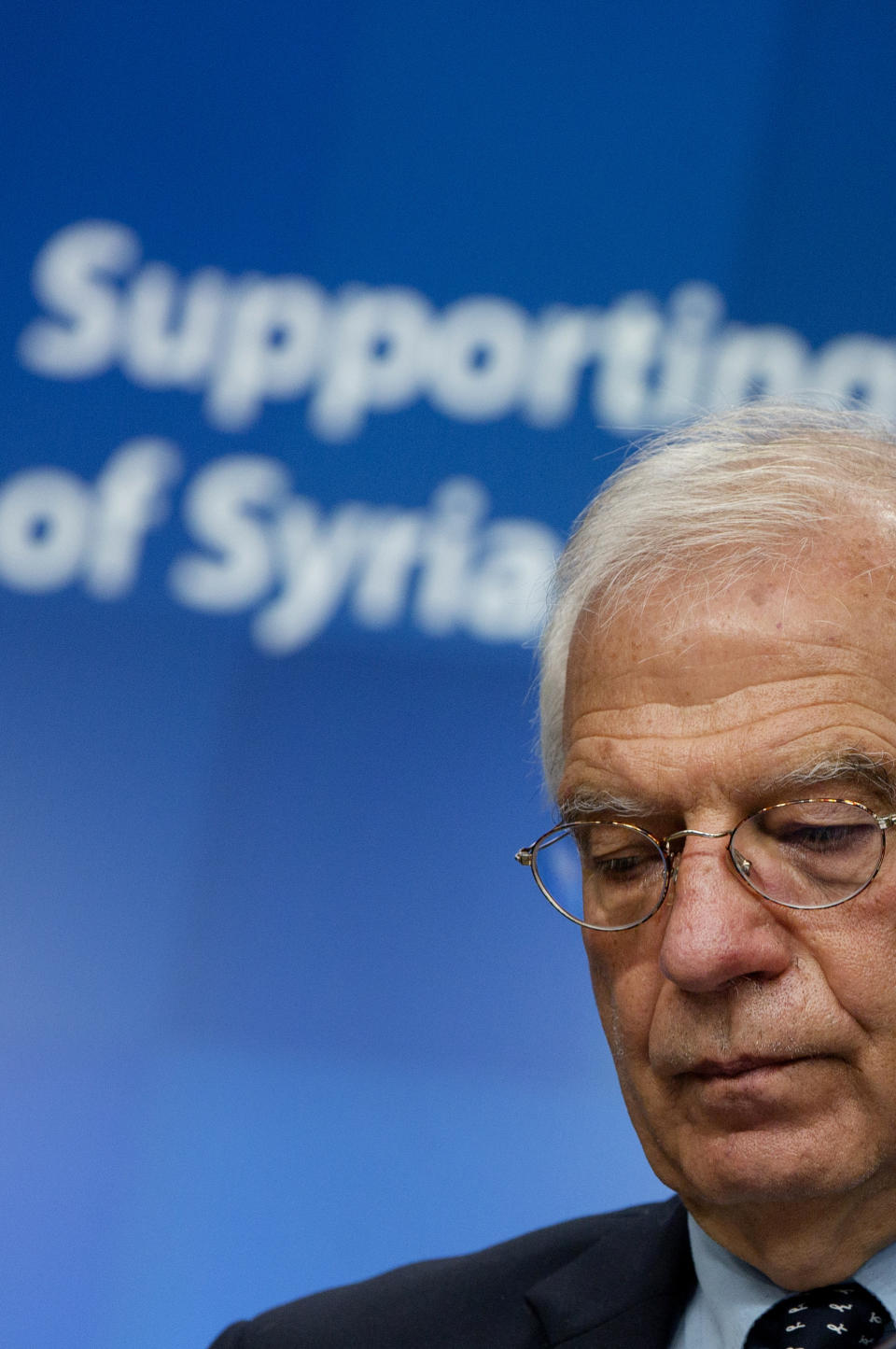 European Union foreign policy chief Josep Borrell speaks during a media conference after a meeting, Supporting the future of Syria and the Region, in videoconference format at the European Council building in Brussels, Tuesday, June 30, 2020. (AP Photo/Virginia Mayo, Pool)