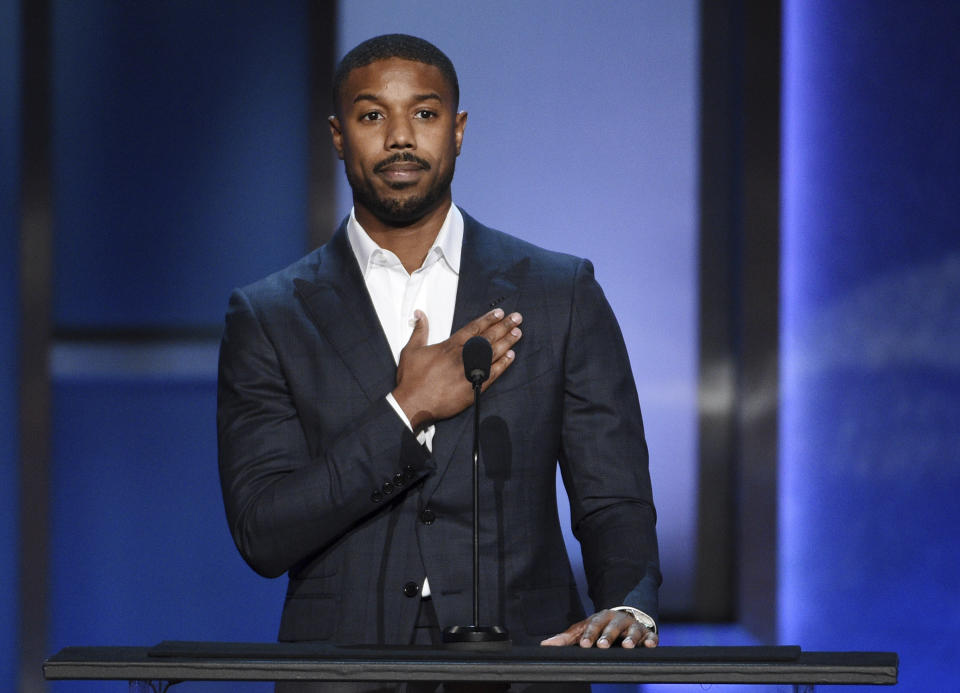 FILE - In this June 6, 2019, file photo, actor Michael B. Jordan makes a tribute to actor Denzel Washington during the 47th AFI Life Achievement Award ceremony honoring Washington in Los Angeles. The award-winning actor, director, and producer is the face of some of the most well-known films of the last few decades, including “Fences,” “Man on Fire,” “Malcolm X,” and “The Book of Eli.” (Photo by Chris Pizzello/Invision/AP, File)