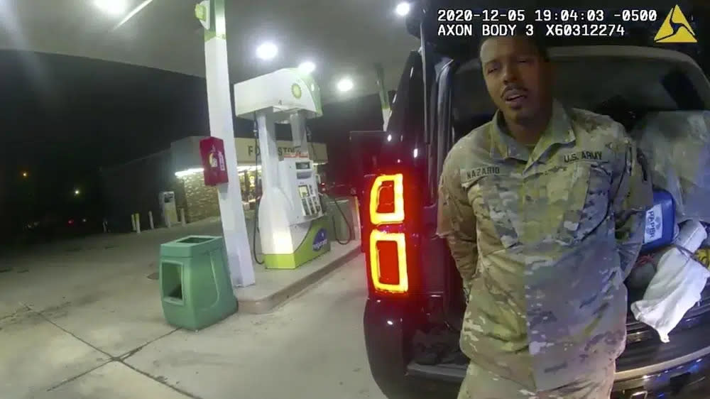 In this image made from Windsor, Va., Police video, a police officer speaks with Caron Nazario during a traffic stop, Dec. 20, 2020, in Windsor, Va. (Windsor Police via AP, File)