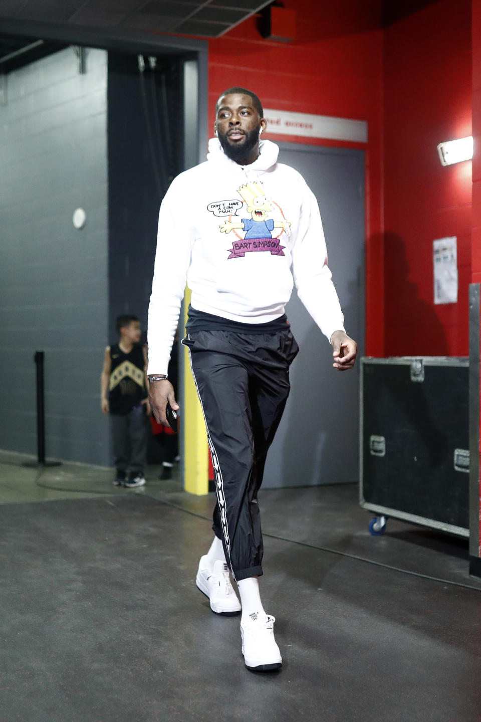 James Ennis III of the Philadelphia wears an Off-White Bart hoodie and "Have a Nike Day" Air Force 1 Lows on April 29, 2019.