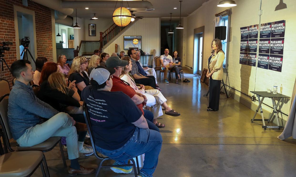 Presidential candidate Marianne Williamson speaks to a group of supporters on Wednesday, April 24, 2024, in Oldham County, Ky.