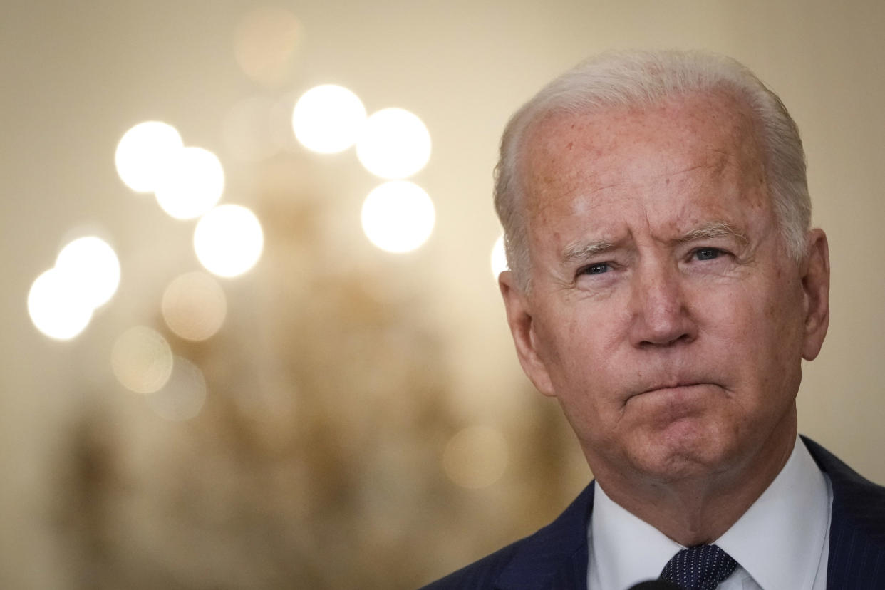 WASHINGTON, DC - AUGUST 26: U.S. President Joe Biden speaks about the situation in Afghanistan in the East Room of the White House on August 26, 2021 in Washington, DC. At least 12 American service members were killed on Thursday by suicide bomb attacks near the Hamid Karzai International Airport in Kabul, Afghanistan. (Photo by Drew Angerer/Getty Images)